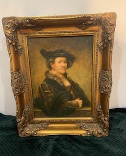 Three Antique Reproduction Portraits After Rembrandt Framed in Gold Baroque Frames.