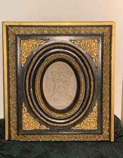 Antique 1882, Oval Marble Plate Gilded & Framed, Signed with Monogram on Reverse