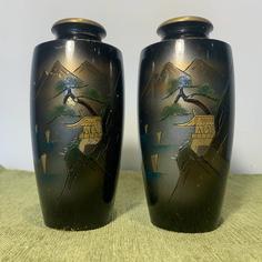 Pair of Vintage Japanese Enamelled Metal Vases Featuring Mount Fuji