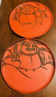 2 Vintage Japanese Wooden Laquer Serving Trays (Obon) with 2 of the 7 Lucky Gods