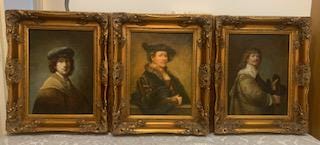 Three Antique Reproduction Portraits After Rembrandt Framed in Gold Baroque Frames.