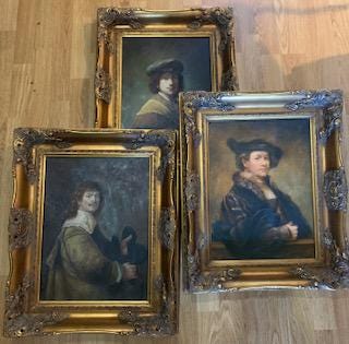 Three Antique Reproduction Portraits After Rembrandt Framed in Gold Baroque Frames.