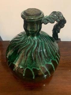 Antique Green Glazed Flagon with Seal Bearing Royal Coat of Arms of England Three Lions