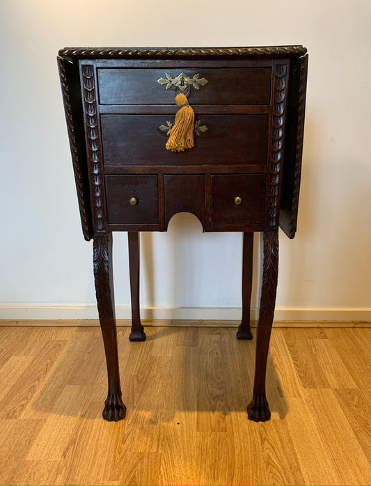 Antique 19th Century Mahogany Pembroke Table, 5 Drawers, Carved Legs & Lion Feet