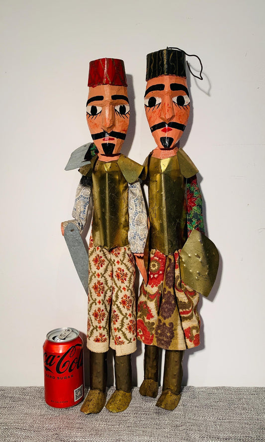 Vintage Tunisian Karakouz Puppets - Pair of Wooden Marionettes