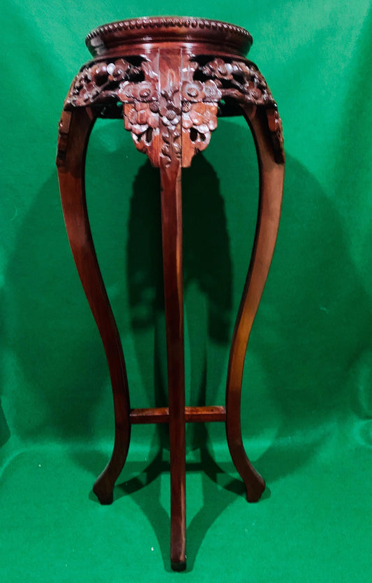 Vintage Chinese Rosewood Tall Plant Stand Jardinière with Carved Prunus Blossoms